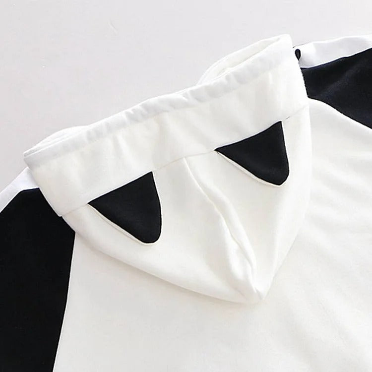 Kawaii kitty paw print hoodie; white & black polyester; long sleeves, hooded; onesize.