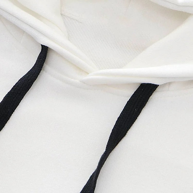 White polyester kawaii kitty paw print hoodie with black drawstrings; one size fits most.