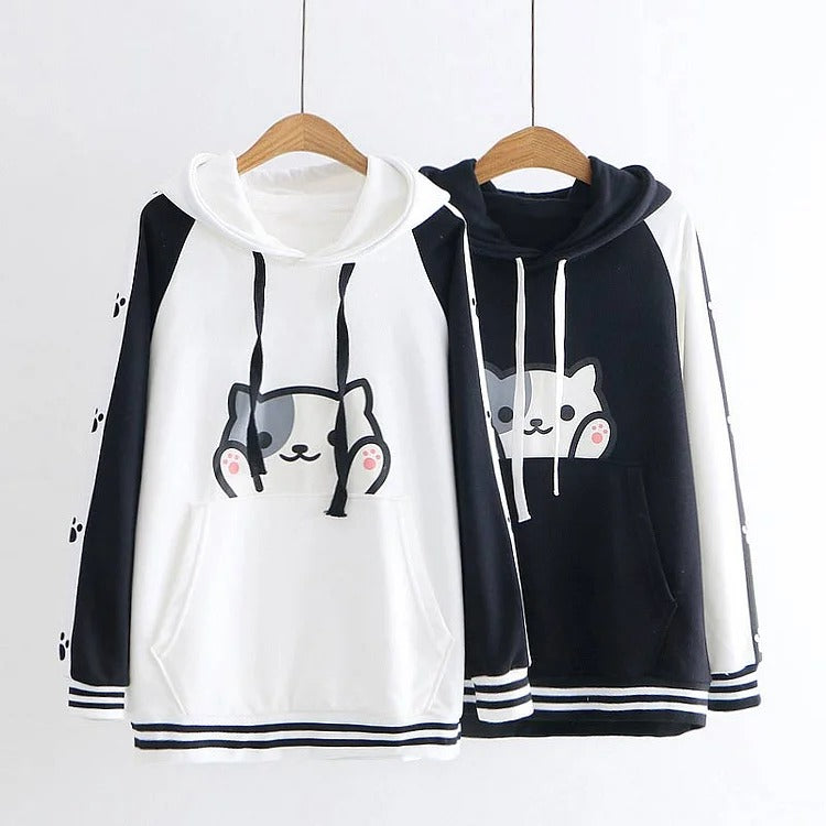 Kawaii cartoon kitty paw print hoodie; white & black polyester; long sleeves, hooded; one size fits most.