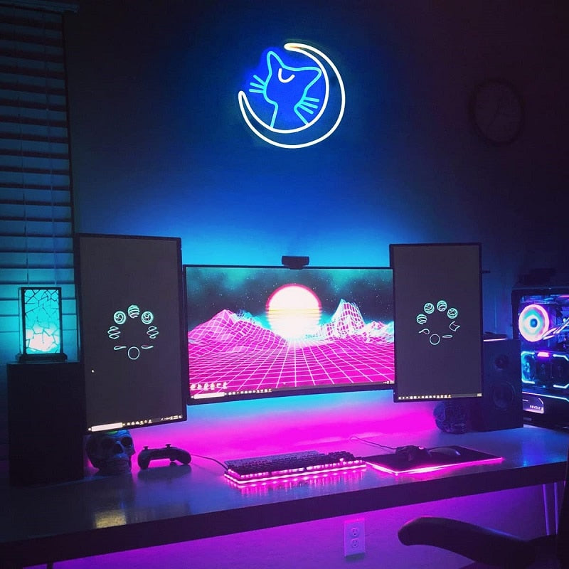 Kawaii anime Luna cat neon sign light; blue LED; 30x30cm acrylic; wall or tabletop decor; USB powered.