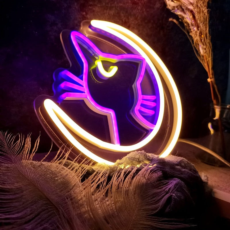 Kawaii anime Luna cat neon sign light; purple, blue LED; 30x30cm; wall or tabletop decor; USB powered.