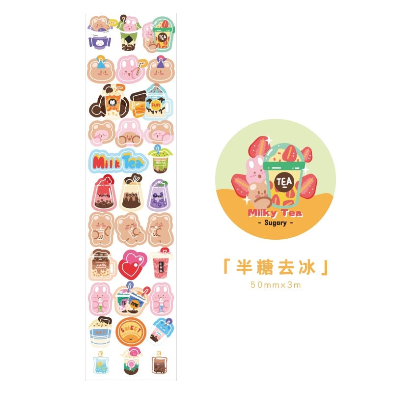 Cute kawaii animal and milk tea themed washi stickers; 1 roll of art paper stickers, 50mmx3m, perfect for journals.