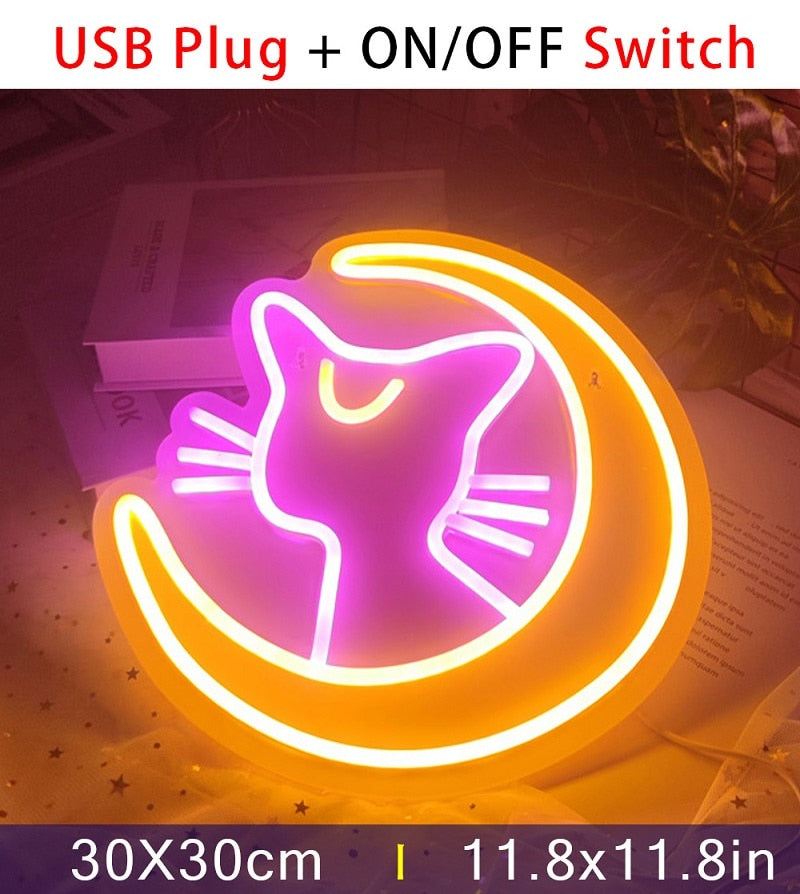Kawaii neon cat on crescent moon LED sign; 30x30cm acrylic with USB plug & ON/OFF switch. Wall mountable or tabletop.