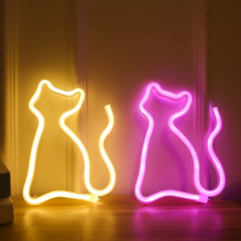 Kawaii neon cat and moon LED sign light; yellow & pink options; acrylic & LED material; wall-mountable or tabletop; USB powered.