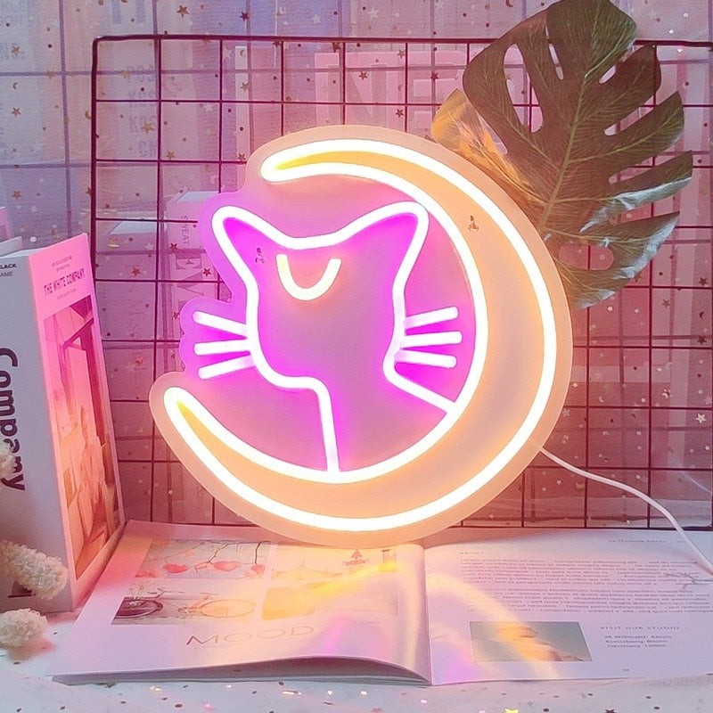 Kawaii pink neon cat moon sign light; acrylic, LED; 30x30cm; wall-mountable or tabletop; USB powered.
