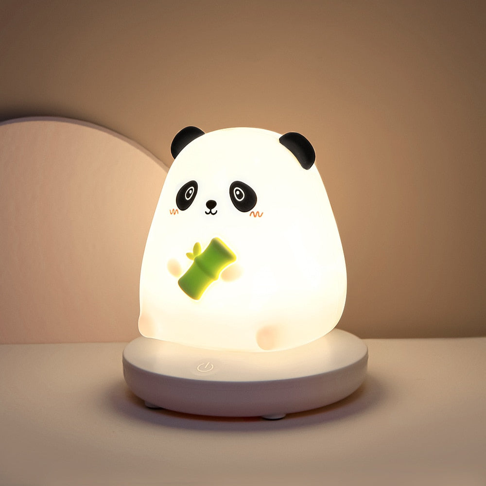 Kawaii panda silicone LED night light, warm white, 3 brightness levels, USB rechargeable, 10-hour battery life.
