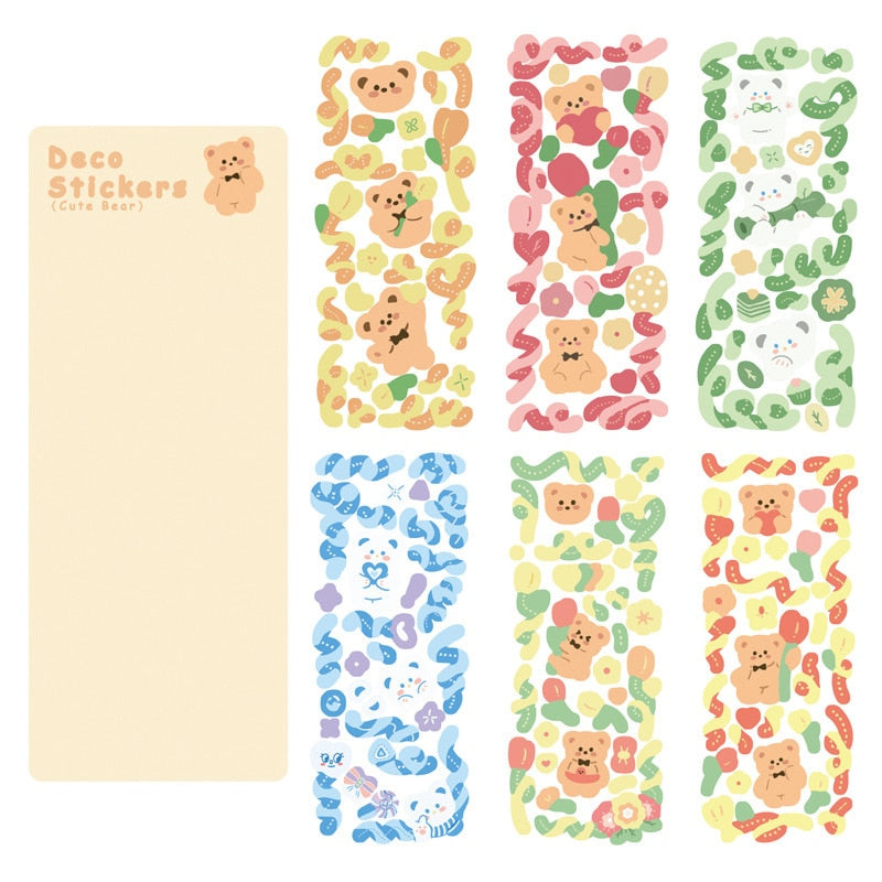 12 sheets of kawaii cute pastel bear and ribbon deco stickers; paper material.