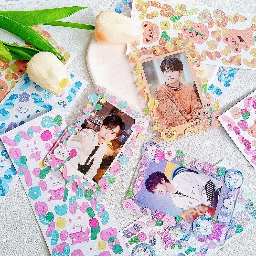 12 sheets of kawaii pastel paper stickers featuring bears, rabbits, and glitter accents. Perfect for decorating journals, planners, and more.