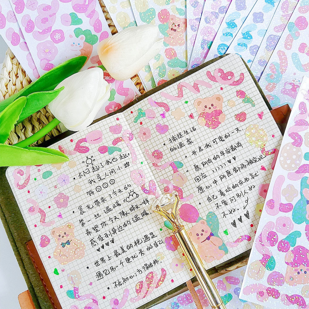 12 sheets of kawaii pastel paper stickers featuring bears and rabbits; shiny laser ribbon designs; small size; for ages 6+.