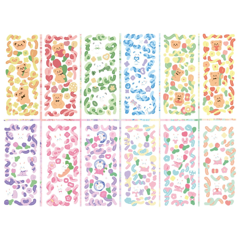 12 sheets of kawaii pastel paper stickers featuring cute bears and rabbits with shiny laser ribbon accents. Small size, perfect for decoration.