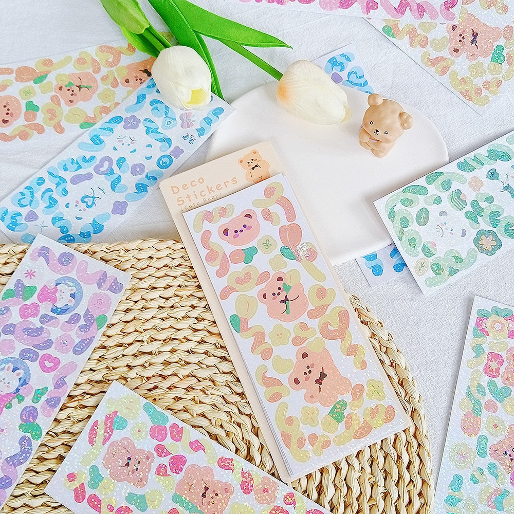 12 sheets of kawaii pastel paper stickers; cute bears, rabbits, laser glittery designs. Small size, ideal for decorating.