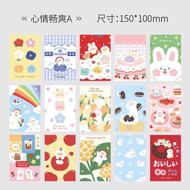 15 kawaii square wall cards; pastel colors, cute animal, fruit, flower designs; 150x100mm; high-quality paper.