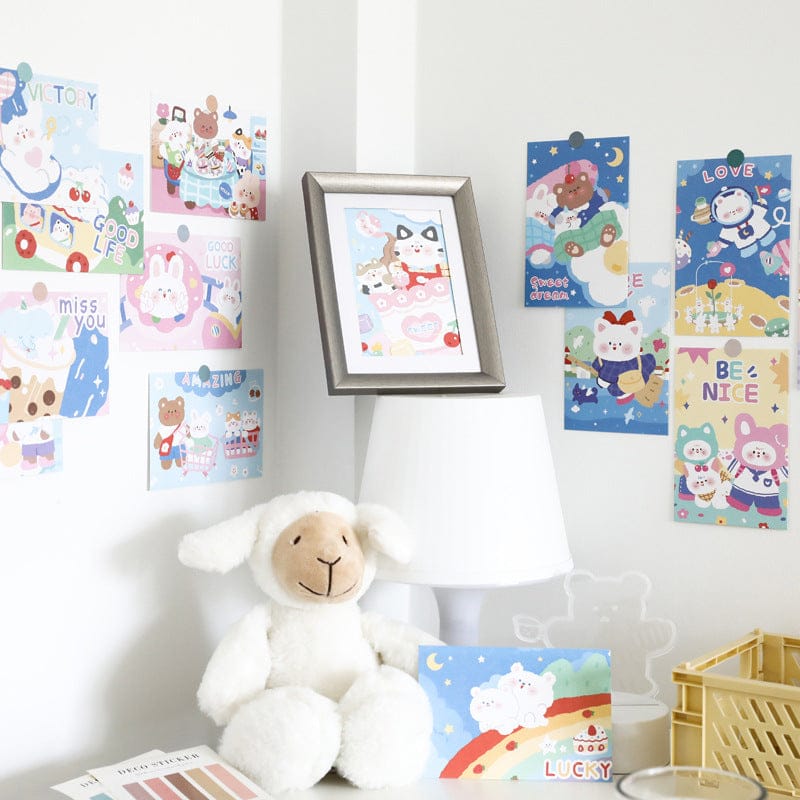 15 kawaii square wall cards; pastel colors; cute animals, fruits, flowers; high-quality paper; perfect for dorm rooms or bedrooms.