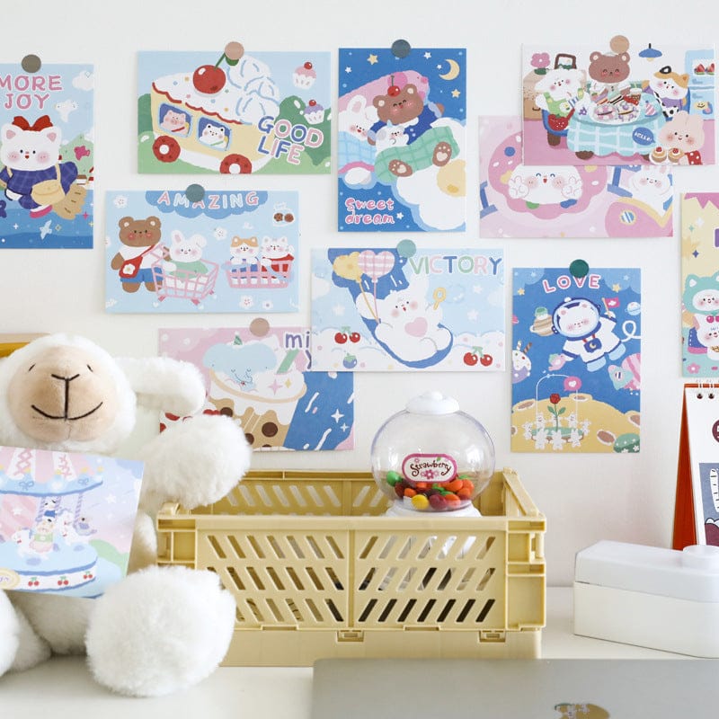 15 kawaii-style square wall cards; pastel colors, cute animals, fruits, flowers; high-quality paper; 15x10cm. Perfect for dorm rooms or bedrooms.
