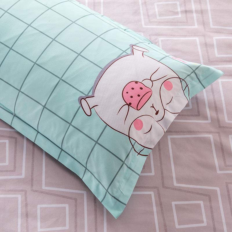 Kawaii piggie bedding set; teal grid pattern, microfiber, reversible, includes duvet cover, flat sheet & pillowcase(s).