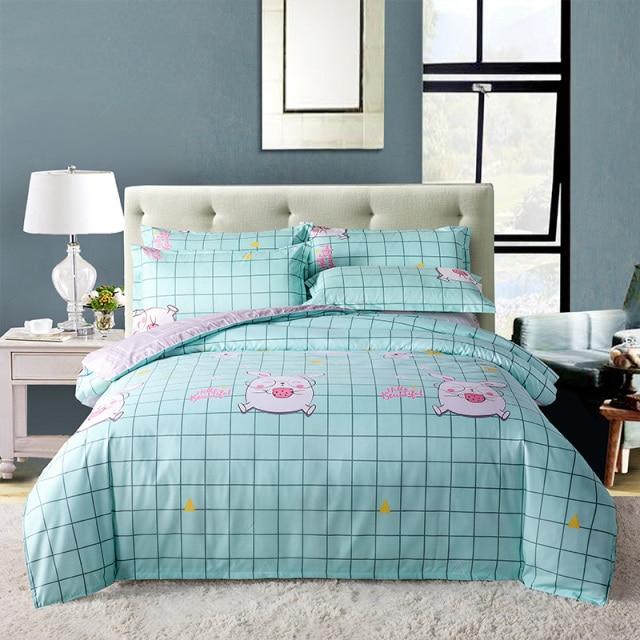 Kawaii pig design teal bedding set; reversible microfiber duvet cover, flat sheet & pillowcases.  Single, Twin XL, Full, Queen sizes.