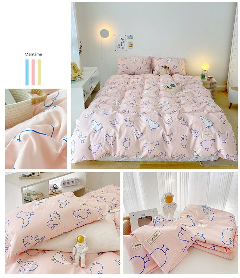 Kawaii pink bird cotton bedding set.  Includes duvet cover, flat sheet, fitted sheet, and pillowcases. Soft, breathable, & durable.