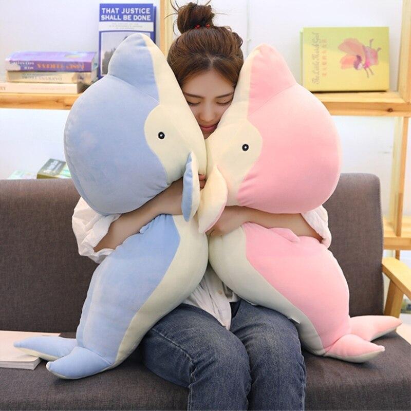 Kawaii plush dolphin body pillow; blue, pink, or grey; PP cotton filled; promotes relaxation and better sleep.