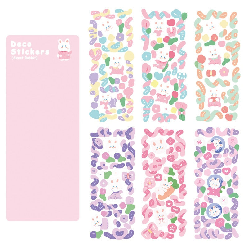 12 sheets of kawaii sweet rabbit paper stickers; pastel colors, small size, perfect for journaling & decoration.