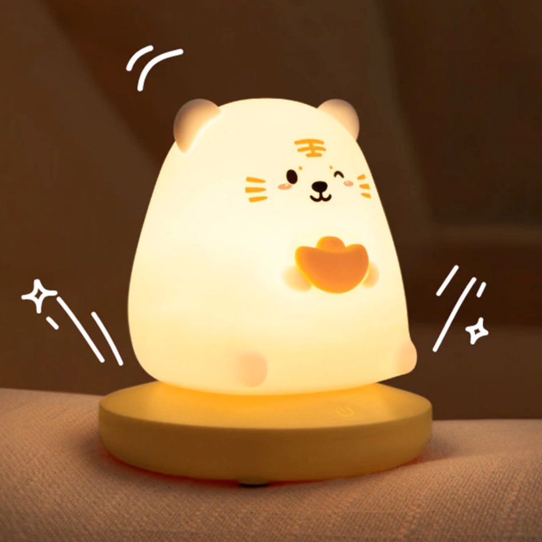 Kawaii tiger silicone LED night light, warm white glow, 3 brightness levels, USB rechargeable, 10-hour battery life.