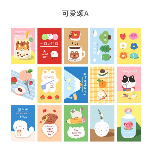15 kawaii square wall cards; cute animals, fruits, & drinks; high-quality paper; 15x10cm.
