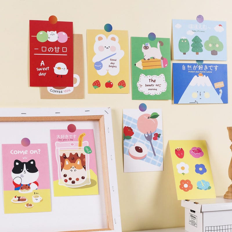 15 kawaii-style square wall cards; features cute animals, fruits, and flowers; high-quality paper; approx. 5.9x3.9 inches.
