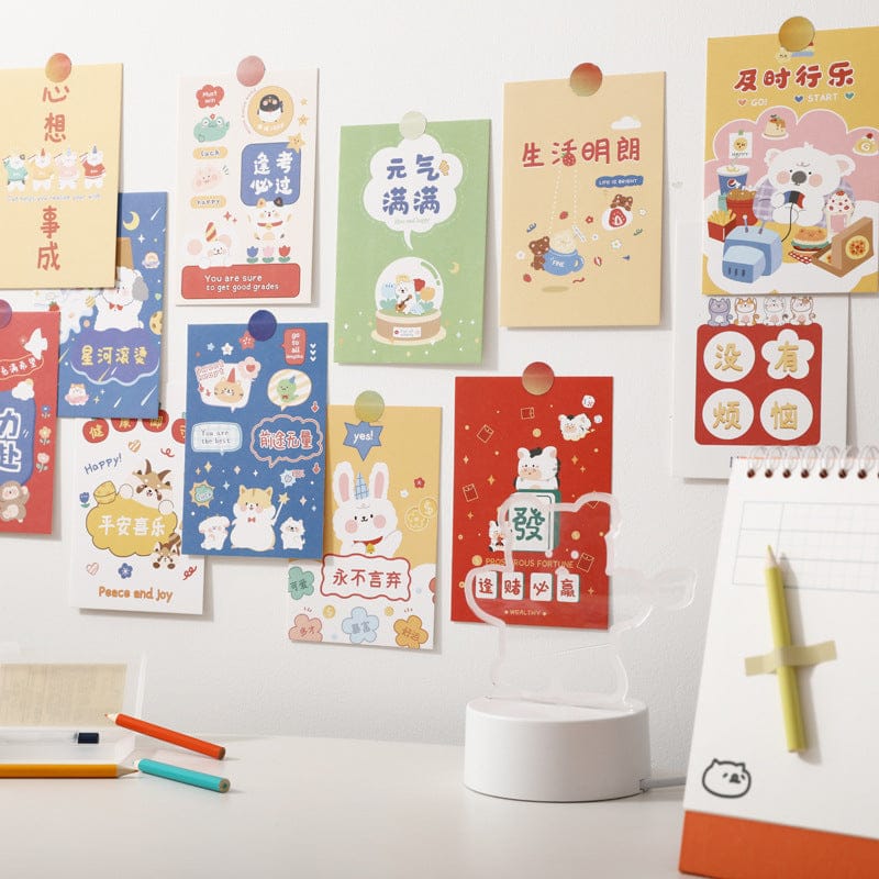 15 kawaii square wall cards; cute animal, fruit, & flower designs; high-quality paper; 15 x 10 cm.