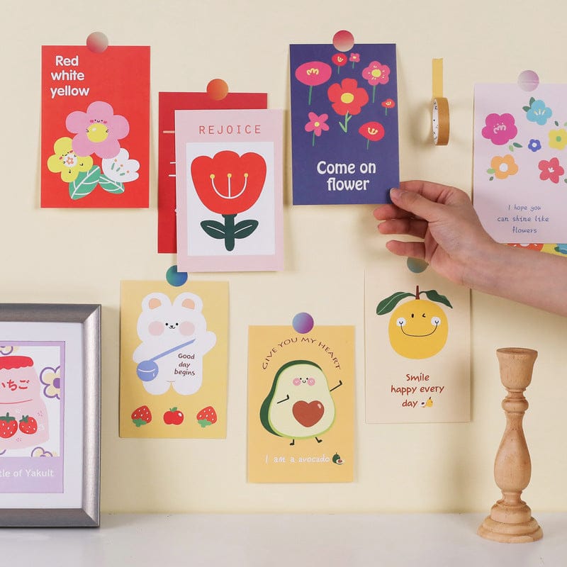 15 kawaii-style square wall cards; cute flower, fruit, animal designs; high-quality paper; 15 x 10 cm.