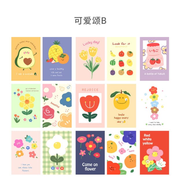 15 kawaii-style square wall cards; cute fruit, flower, & animal designs; high-quality paper; 15x10cm.