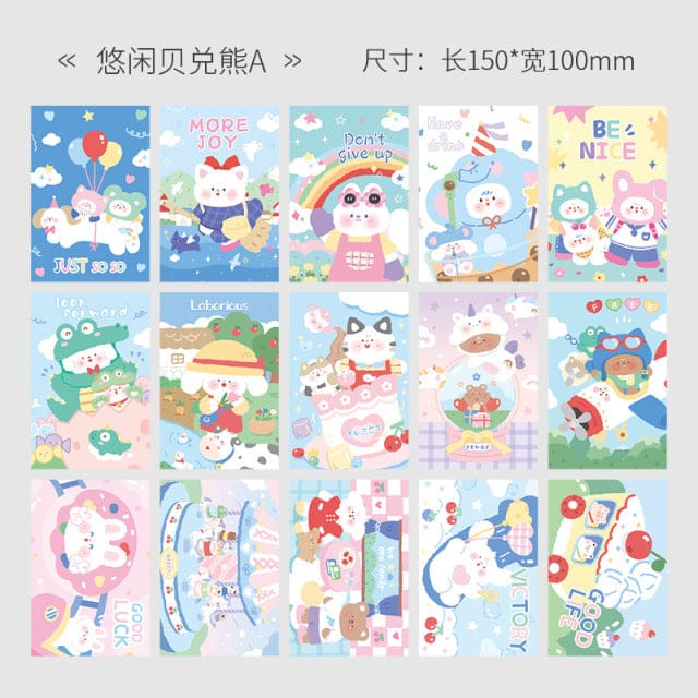 15 kawaii-style square wall cards; cute animal, fruit, & flower designs; 15 x 10 cm; high-quality paper.