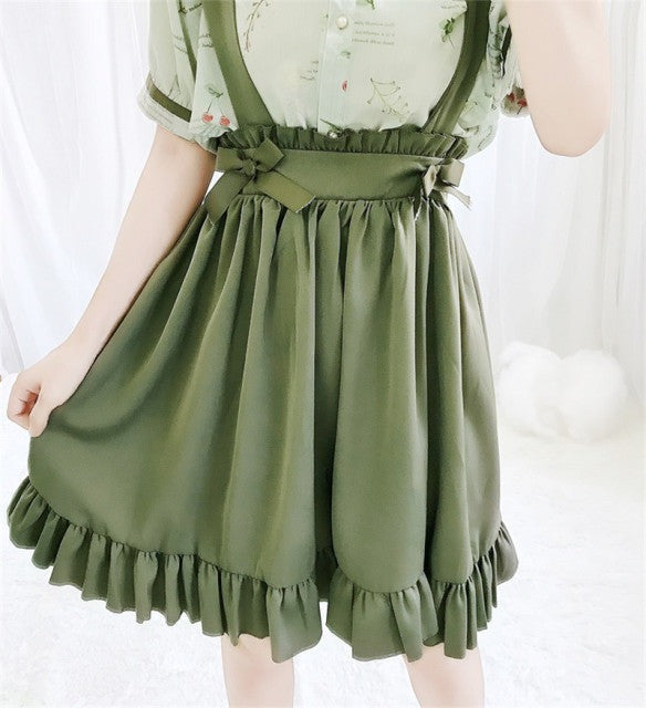 Green Japanese Lolita Cosplay Kawaii Pleated Vintage Long Skirt