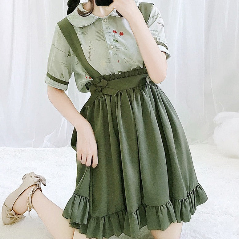 Green Japanese Lolita Cosplay Kawaii Pleated Vintage Long Skirt
