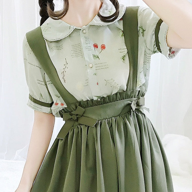 Green Japanese Lolita Cosplay Kawaii Pleated Vintage Long Skirt