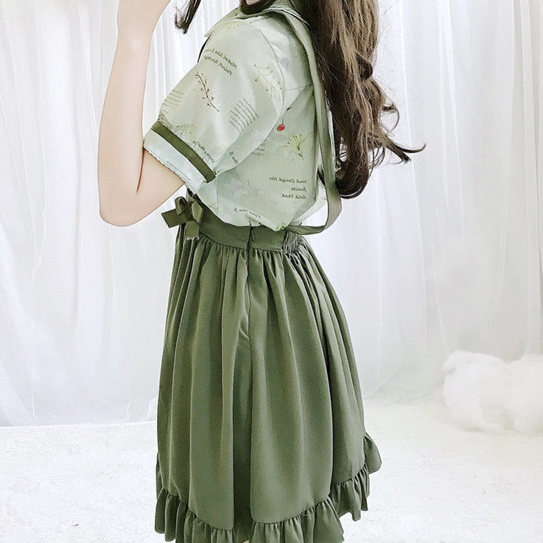 Green Japanese Lolita Cosplay Kawaii Pleated Vintage Long Skirt