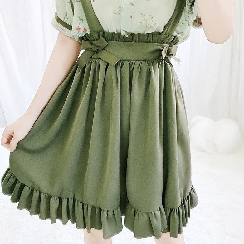 Green Japanese Lolita Cosplay Kawaii Pleated Vintage Long Skirt