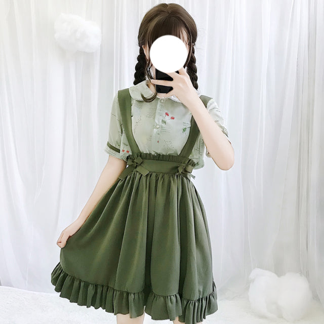 Green Japanese Lolita Cosplay Kawaii Pleated Vintage Long Skirt