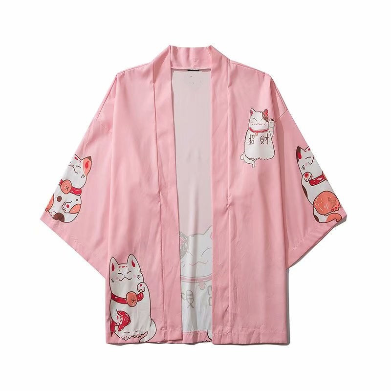 Kawaii Lucky Cat Black Pink Japanese Short Kimono