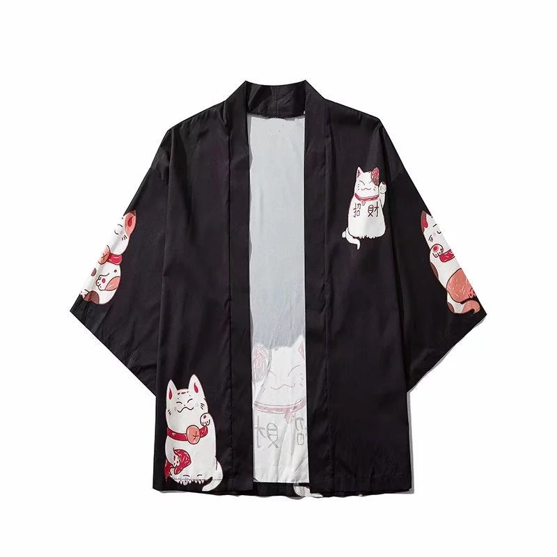 Kawaii Lucky Cat Black Pink Japanese Short Kimono