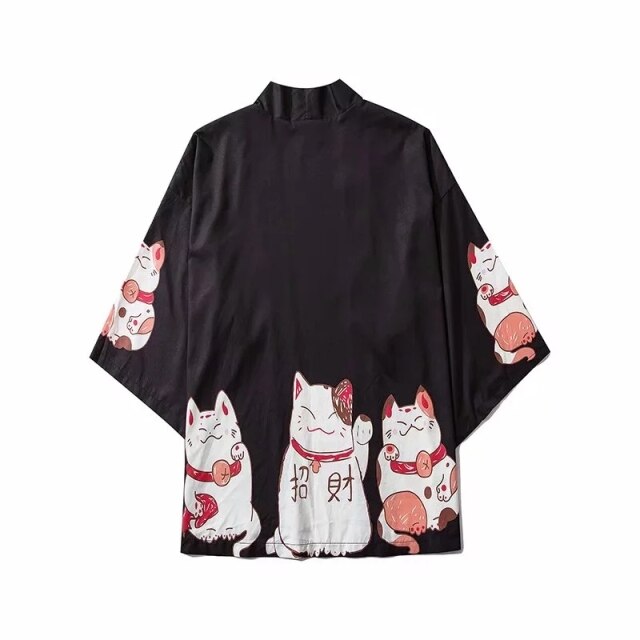 Kawaii Lucky Cat Black Pink Japanese Short Kimono