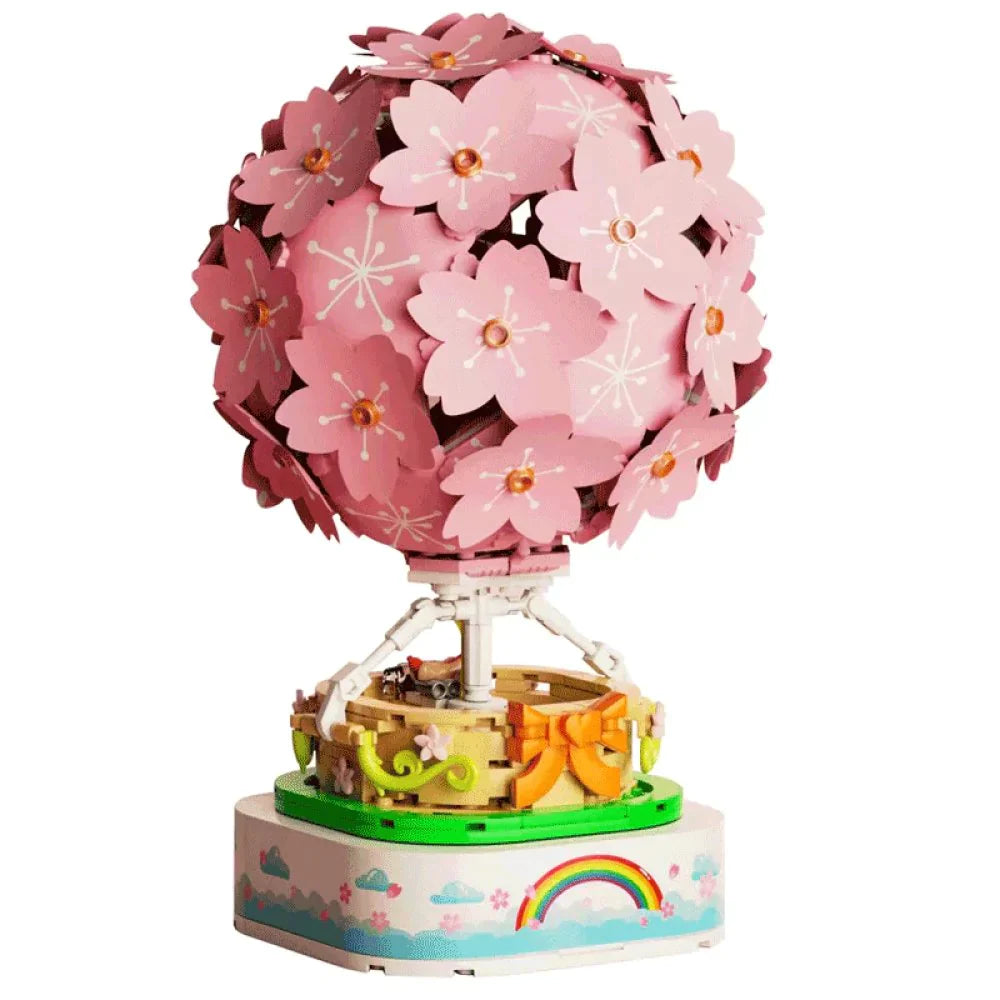Sakura Hot Air Balloon Music Box Block Set | 718+ Pcs, LED & Mini Dolls