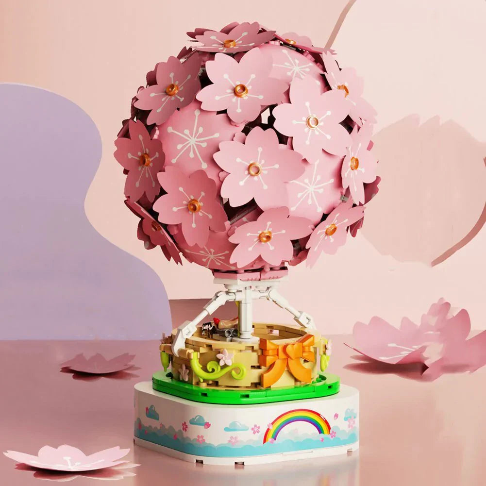 Sakura Hot Air Balloon Music Box Block Set | 718+ Pcs, LED & Mini Dolls