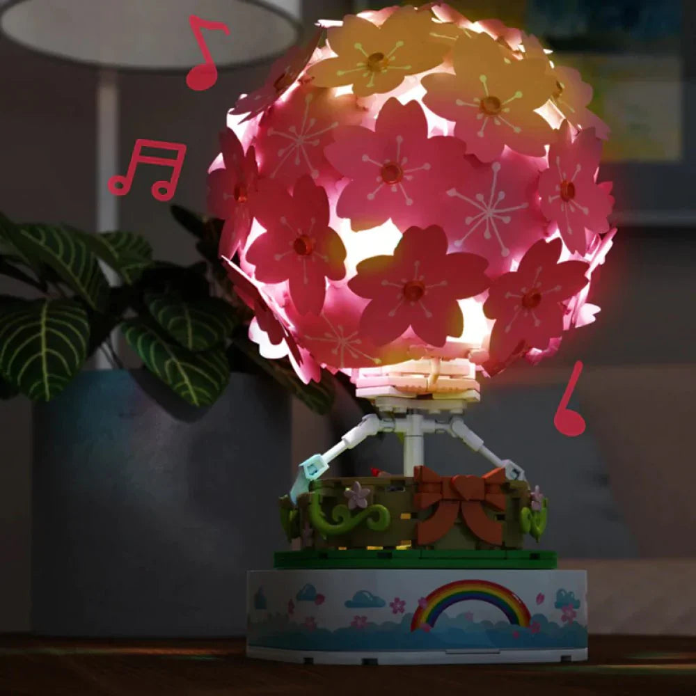 Sakura Hot Air Balloon Music Box Block Set | 718+ Pcs, LED & Mini Dolls
