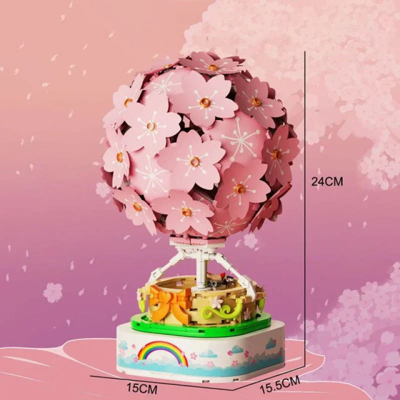 Sakura Hot Air Balloon Music Box Block Set | 718+ Pcs, LED & Mini Dolls