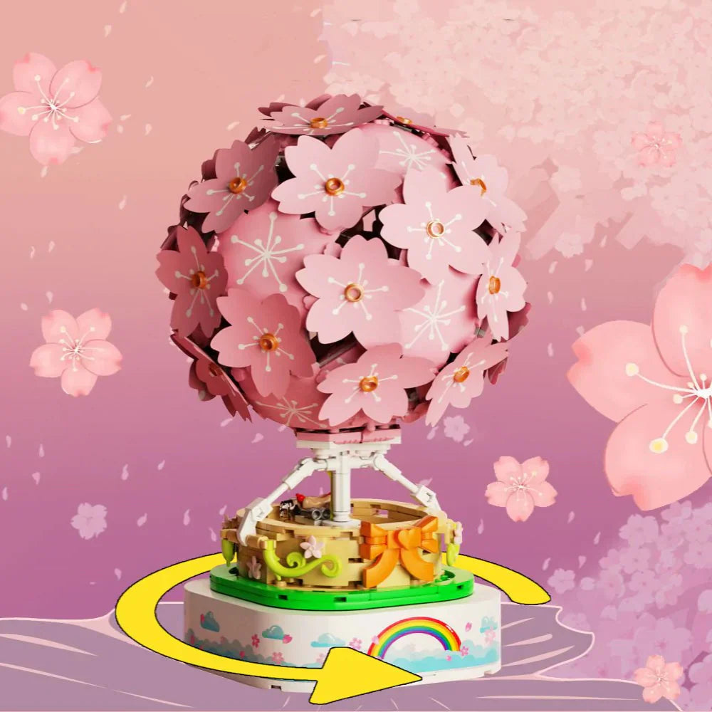 Sakura Hot Air Balloon Music Box Block Set | 718+ Pcs, LED & Mini Dolls