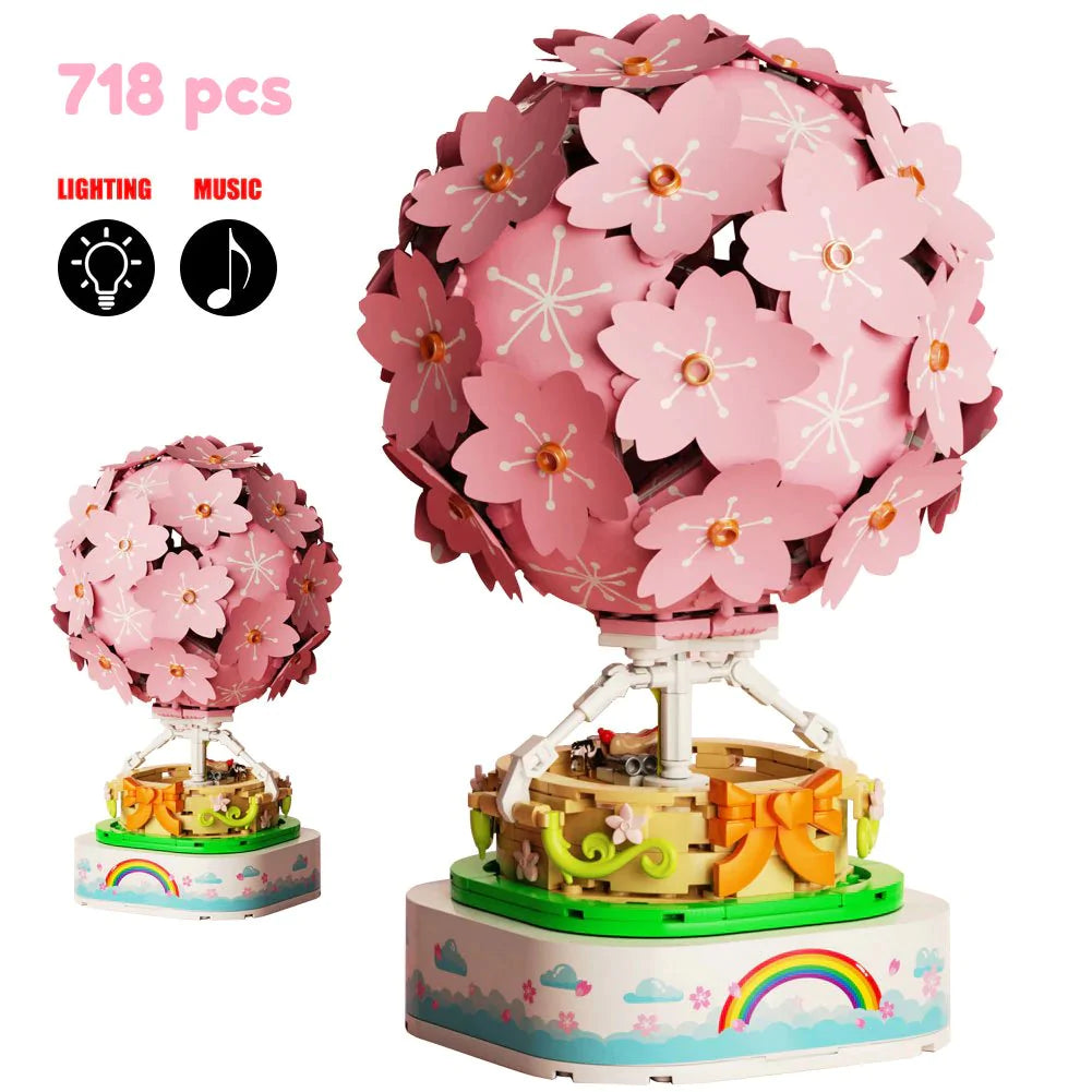 Sakura Hot Air Balloon Music Box Block Set | 718+ Pcs, LED & Mini Dolls