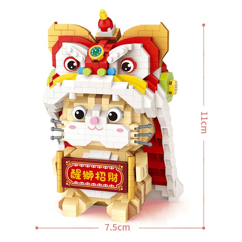 Micro Adorable Lucky Cat in Dancing Lion Onesie Building Sets