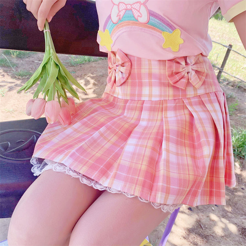 Pink Plaid Pleated Short Korean Fashion Skirt with Lace & Bow