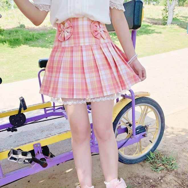 Pink Plaid Pleated Short Korean Fashion Skirt with Lace & Bow