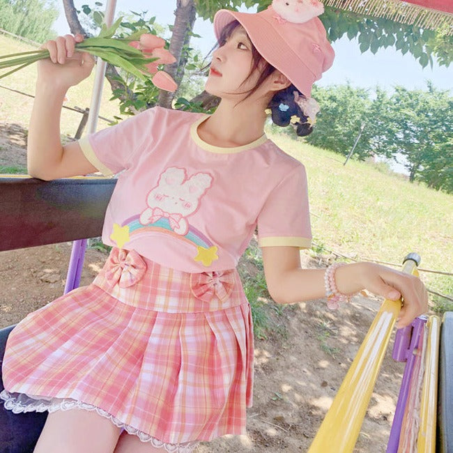 Pink Plaid Pleated Short Korean Fashion Skirt with Lace & Bow