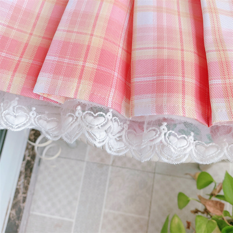 Pink Plaid Pleated Short Korean Fashion Skirt with Lace & Bow